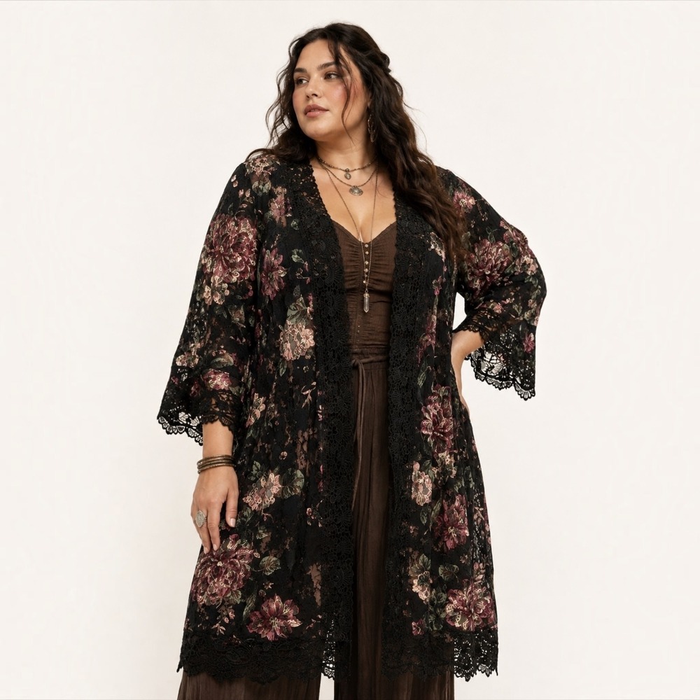 Women's Floral Lace Cardigan Kimono Black Sheer Rose Bell Sleeve Boho Chic